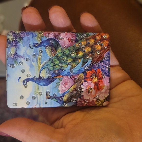 Rhinestone embellished peacock compact Makeup mirror new holiday gift - Picture 1 of 3